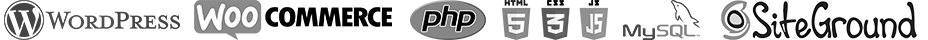 Logo WordPress, WooCommerce, PHP, HTML5, CSS3, JS, MySQL e SiteGround
